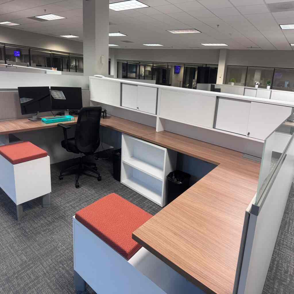 Immaculate office workstation with dust-free surfaces, sanitized desk areas, spotless computer equipment, and thoroughly cleaned carpet showcasing detailed commercial cleaning services in Charlotte and Raleigh NC